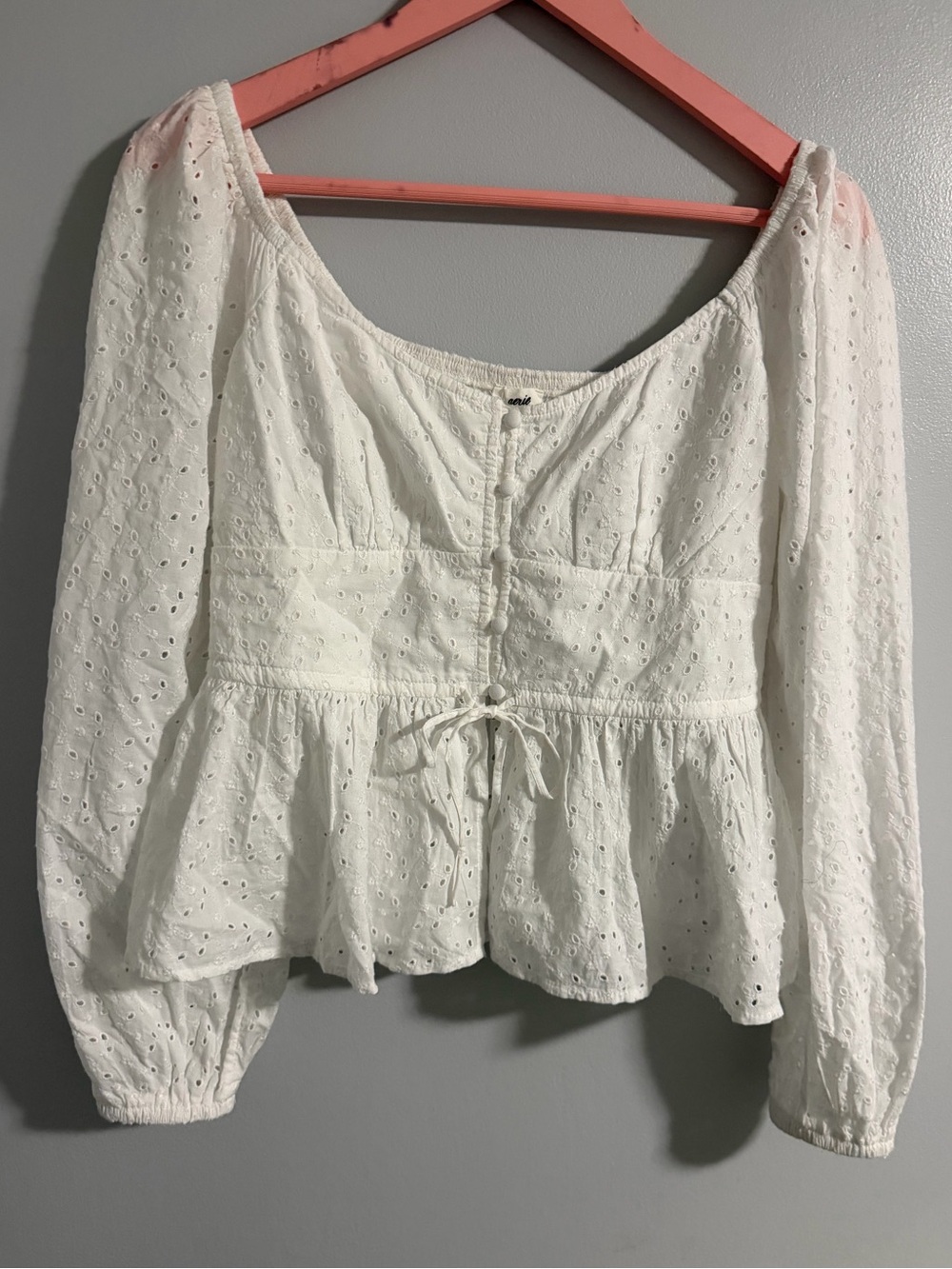 aerie White Eyelet Peplum Tie-Front Blouse
